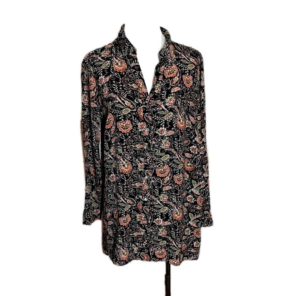 J. Jill Cottage Core Tunic Top Brown Paisley Button-Front Pockets Rayon Sz. S